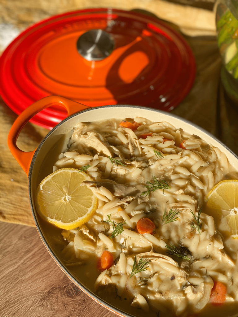 Greek Style Avgolemono Soup with Lemon, Chicken and GF Orzo | Shayna's Kitchen