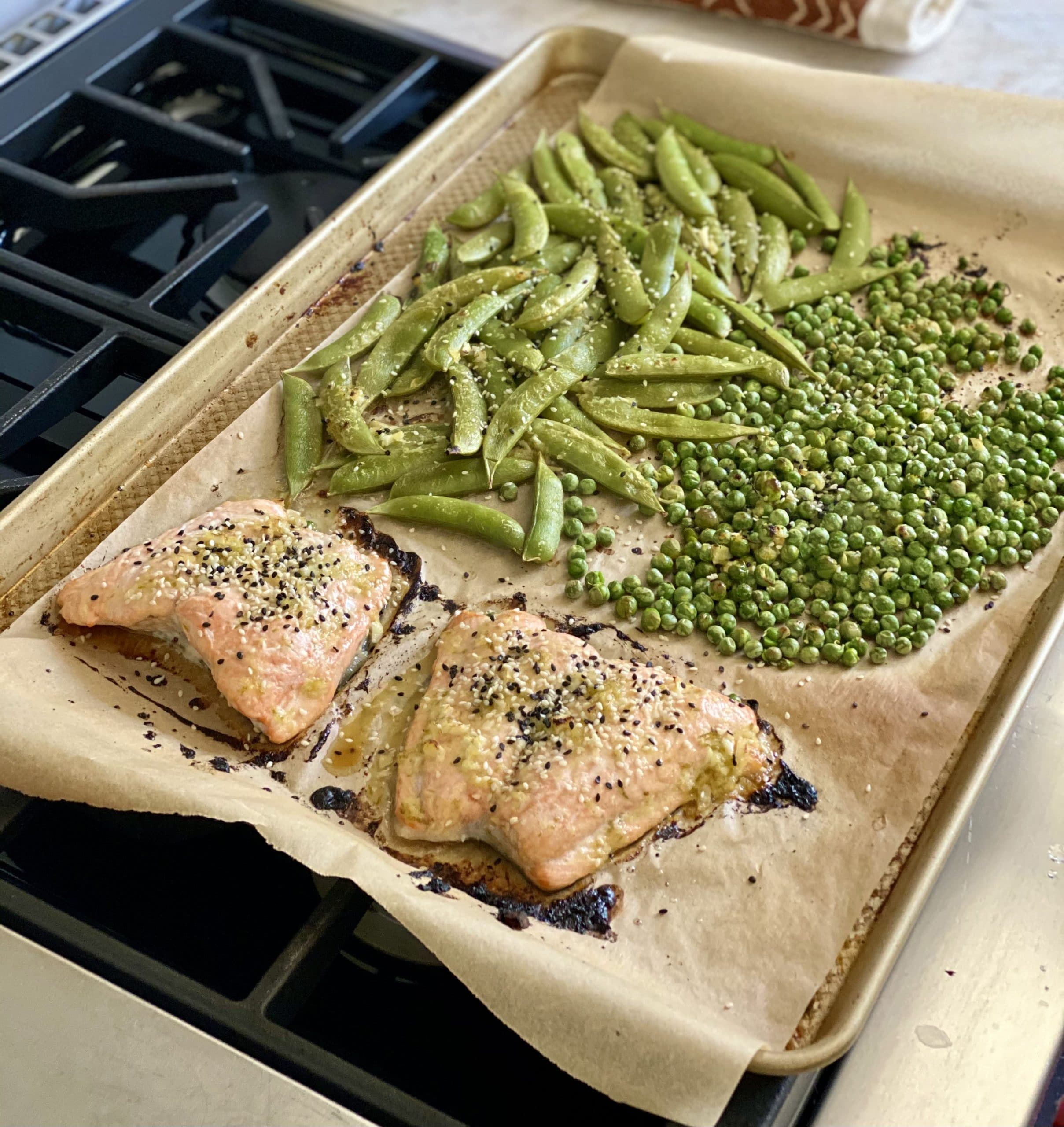 Sheet Pan Salmon with Peas, Ginger and Sesame